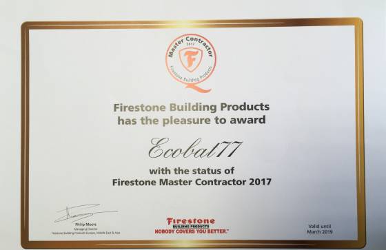 Certificat Master Contractor Firestone obtenu en 2017